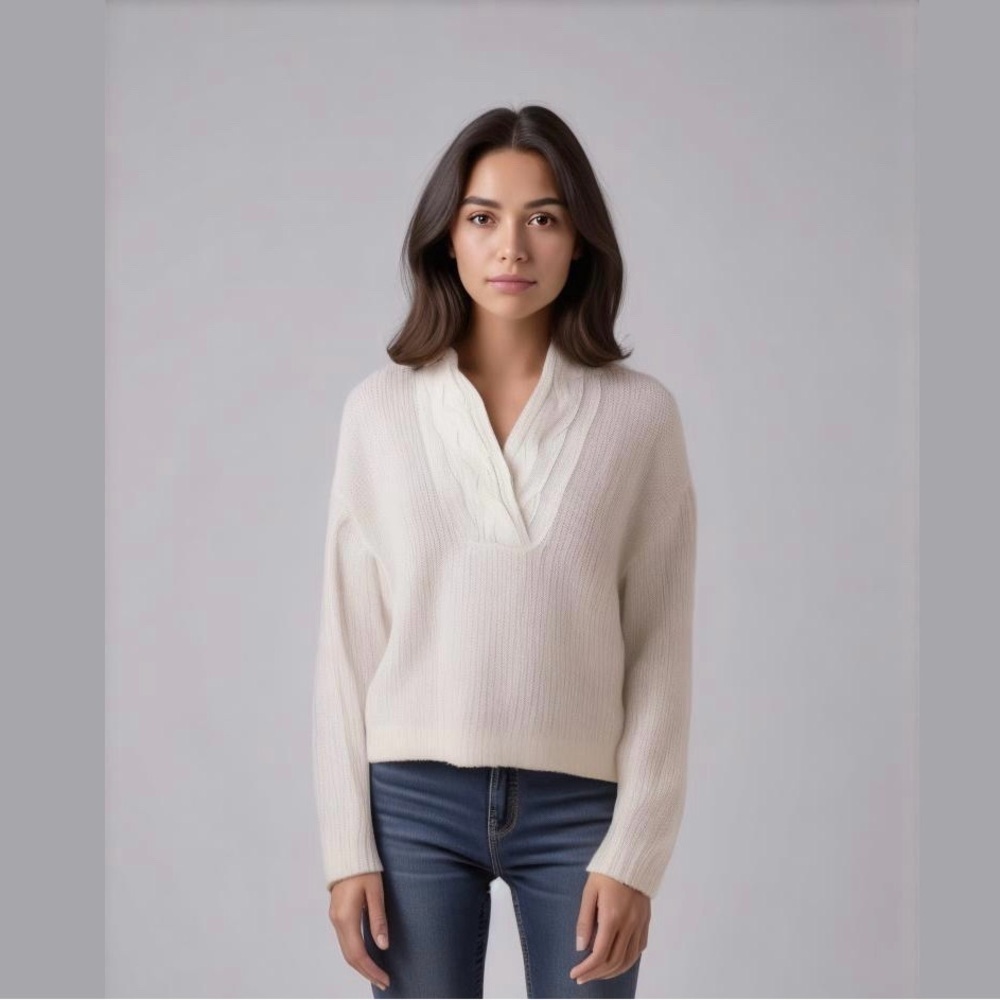 LRL Lauren Ralph Lauren Women's Cable Knit V Neck Sweater Beige Sz S